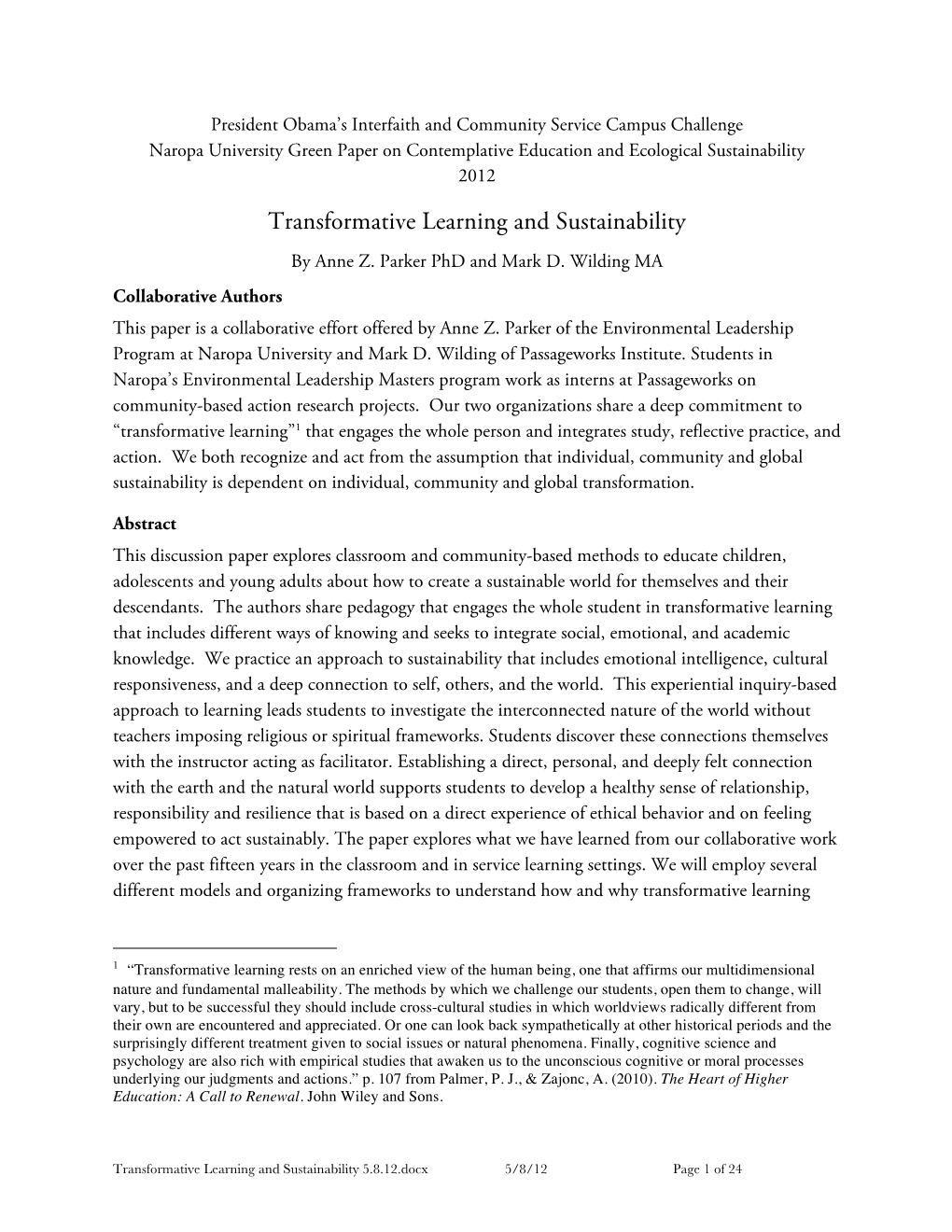 Transformative Learning and Sustainability by Anne Z