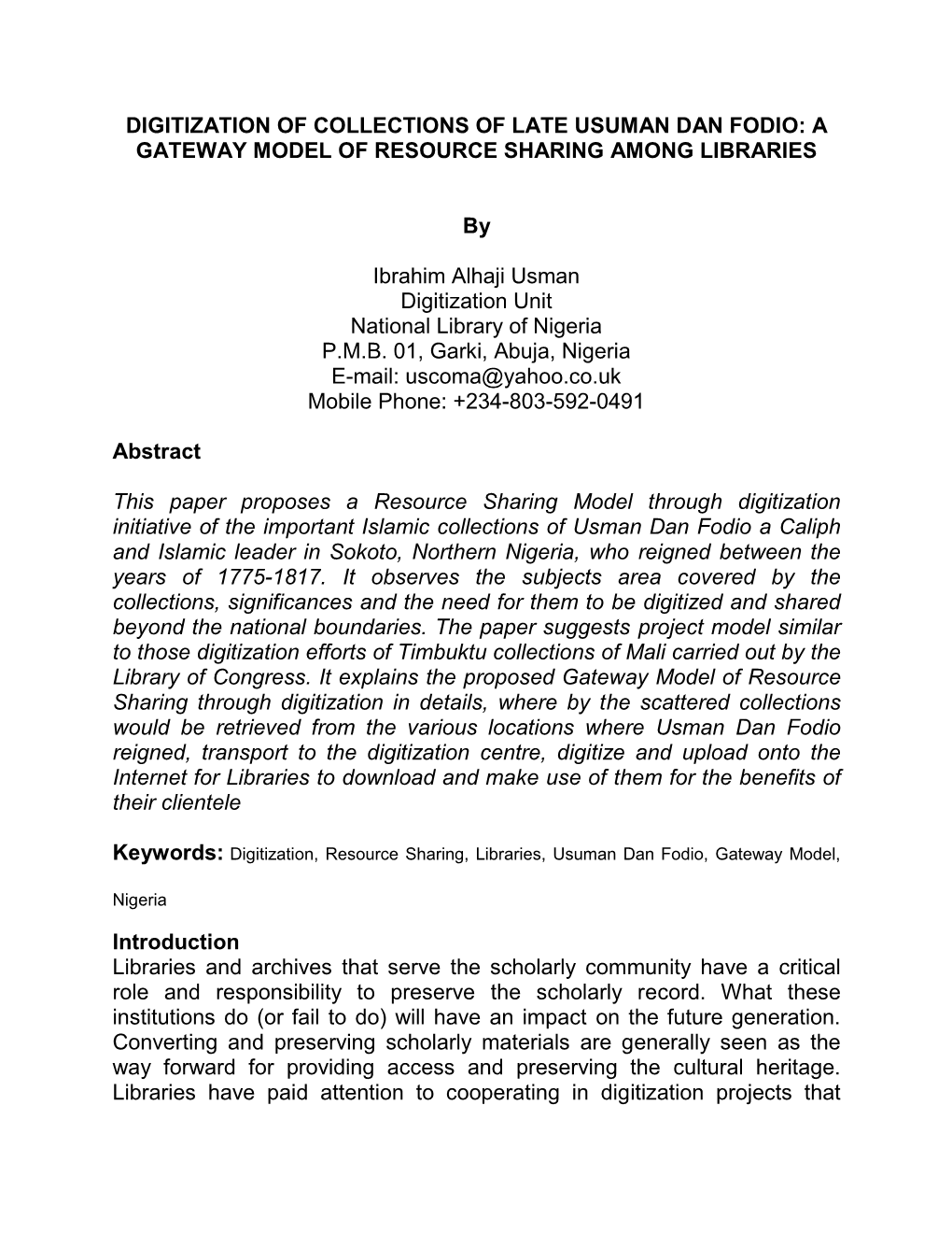 Digitization of Collections of Late Usuman Dan Fodio: a Gateway Model of Resource Sharing Among Libraries