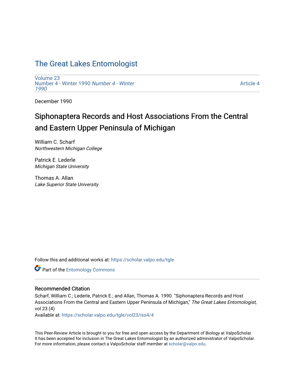 Siphonaptera Records and Host Associations from the Central and Eastern Upper Peninsula of Michigan