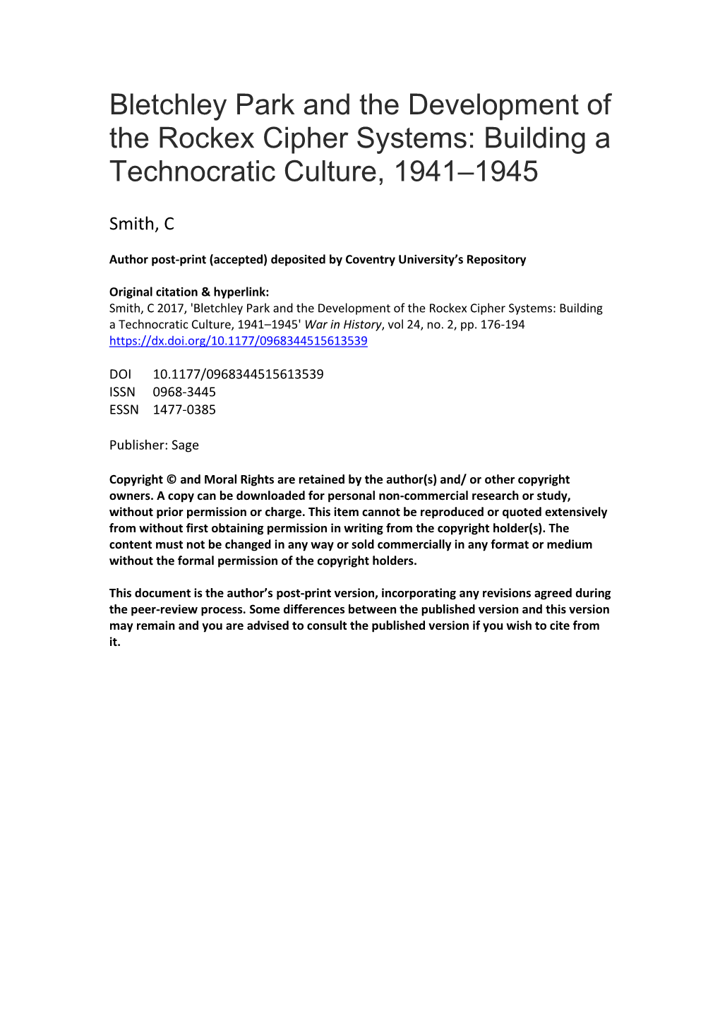 Bletchley Park and the Development of the Rockex Cipher Systems: Building a Technocratic Culture, 1941–1945