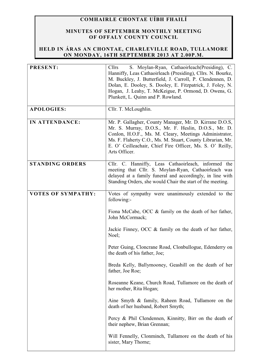 Comhairle Chontae Uíbh Fhailí Minutes