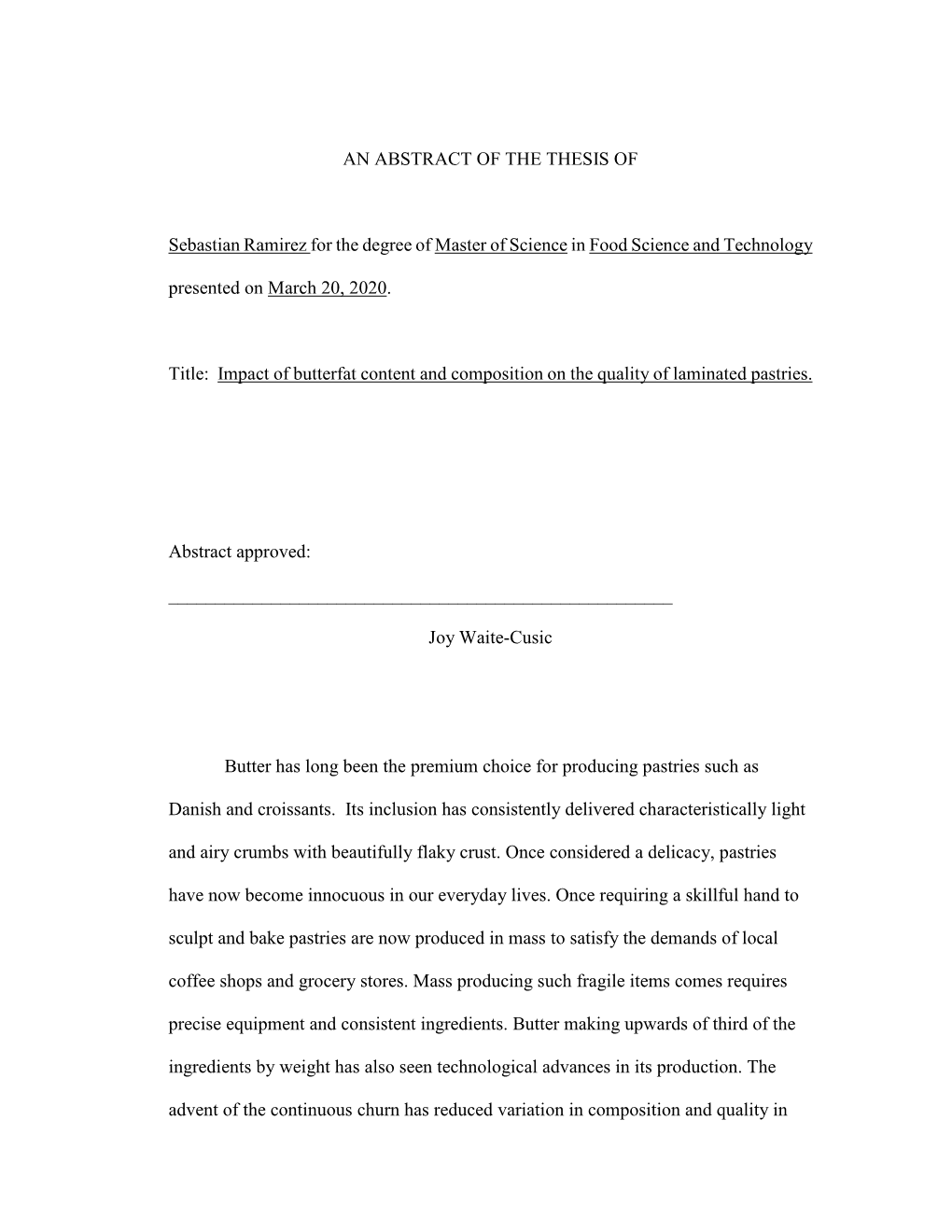 AN ABSTRACT of the THESIS of Sebastian Ramirez for the Degree