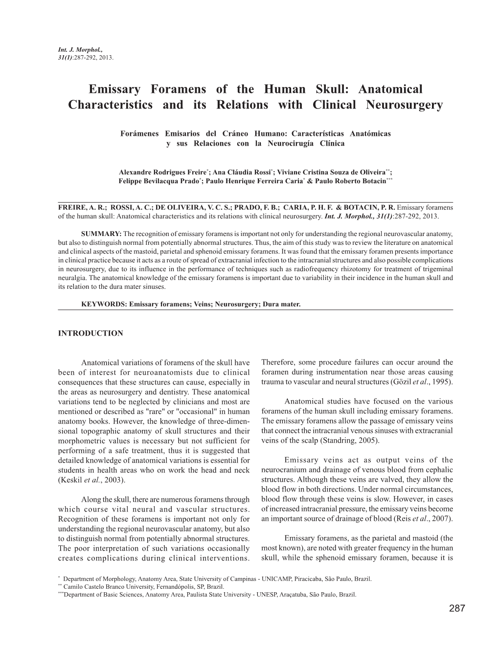 Emissary Foramens of the Human Skull: Anatomical Characteristics and Its Relations with Clinical Neurosurgery