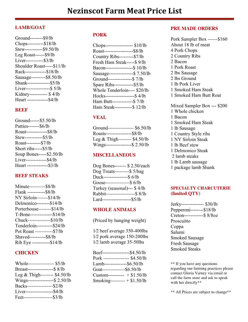 Nezinscot Farm Meat Price List