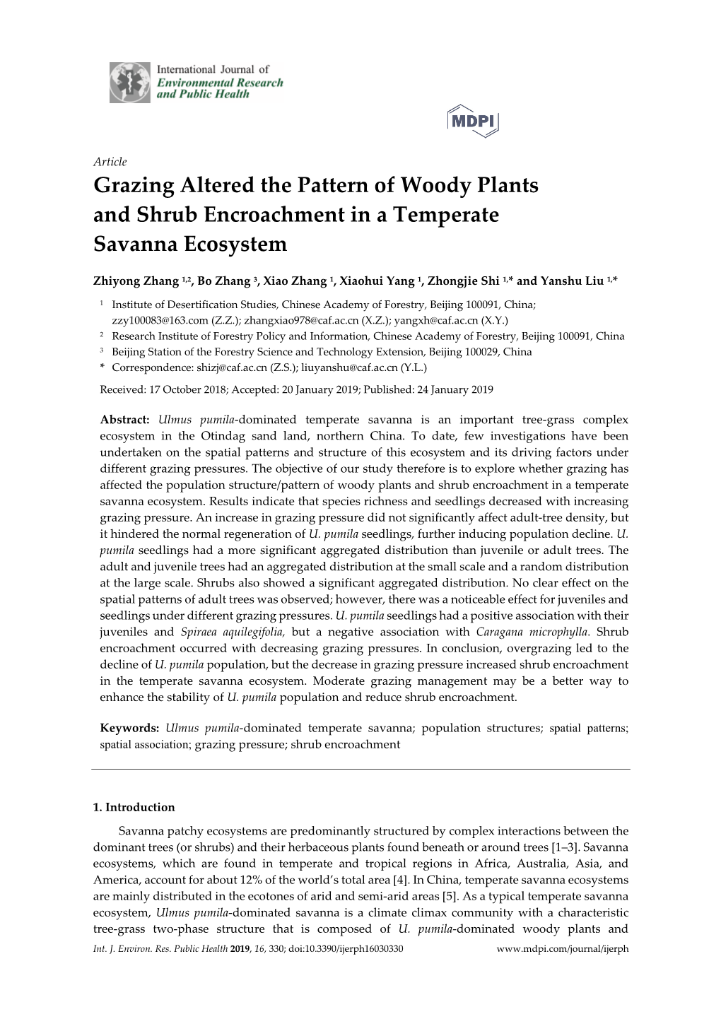 Grazing Altered the Pattern of Woody Plants and Shrub Encroachment in a Temperate Savanna Ecosystem