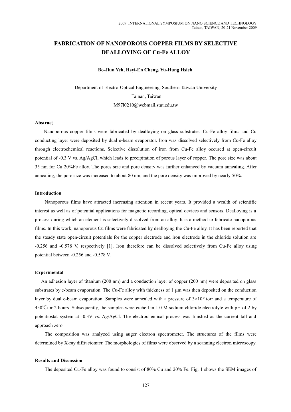 FABRICATION of NANOPOROUS COPPER by SELECTIVE DEALLOYING of Cu-Fe ALLOY