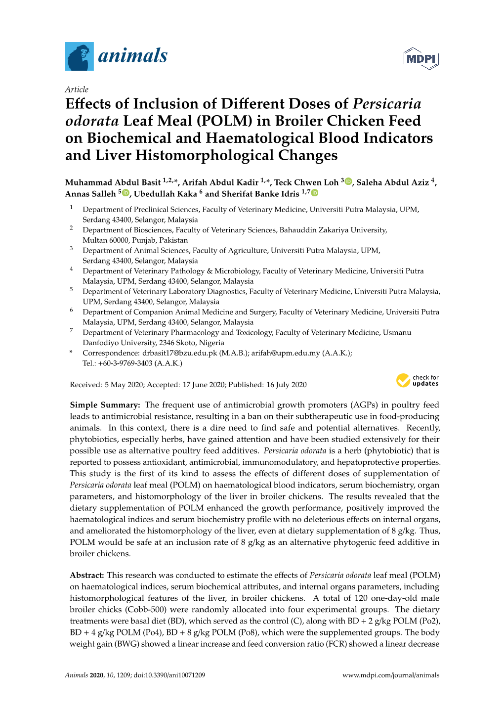 (POLM) in Broiler Chicken Feed on Biochemical and Haematological Blood Indicators and Liver Histomorphological Changes