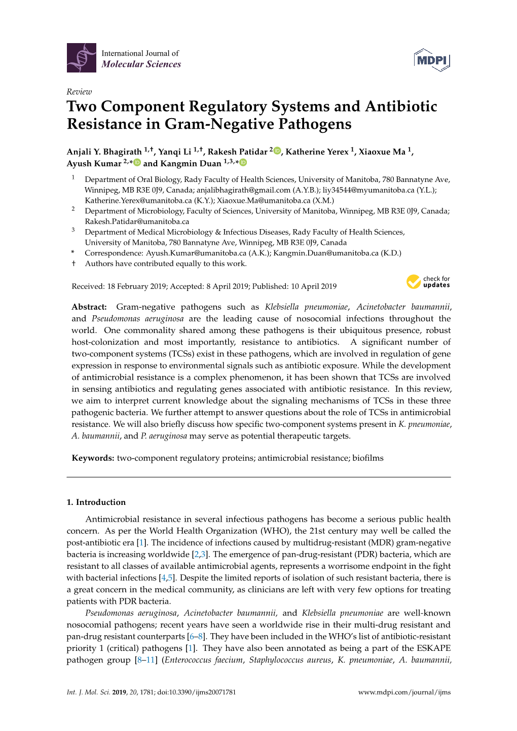 Two Component Regulatory Systems and Antibiotic Resistance in Gram-Negative Pathogens