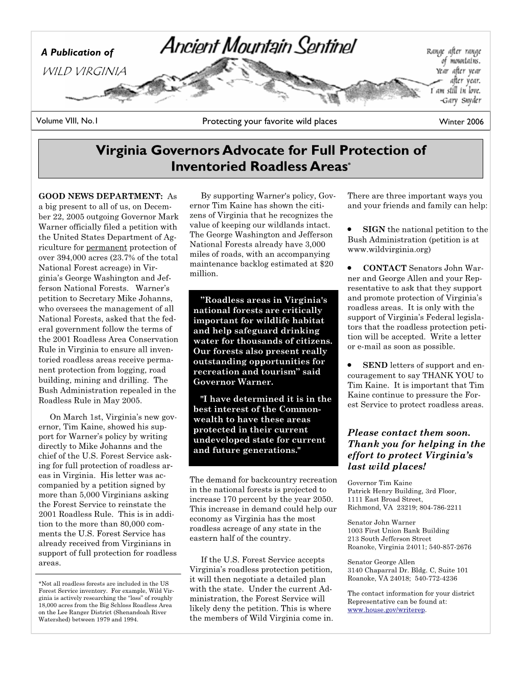 Virginia Governors Advocate for Full Protection of Inventoried Roadless Areas*