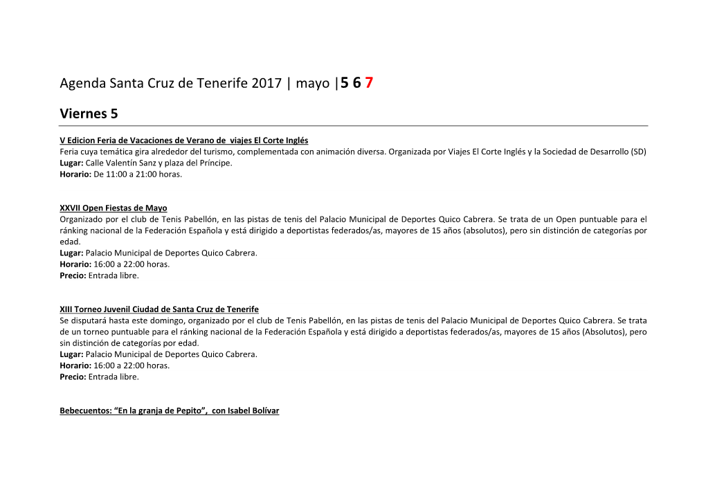 Agenda Santa Cruz De Tenerife 2017 | Mayo |5 6 7 Viernes 5
