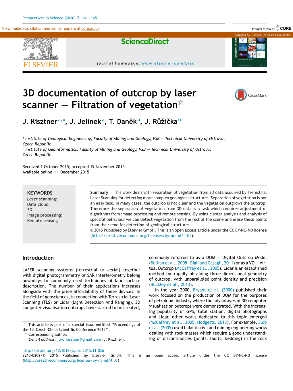 3D Documentation of Outcrop by Laser Scanner – Filtration of Vegetation