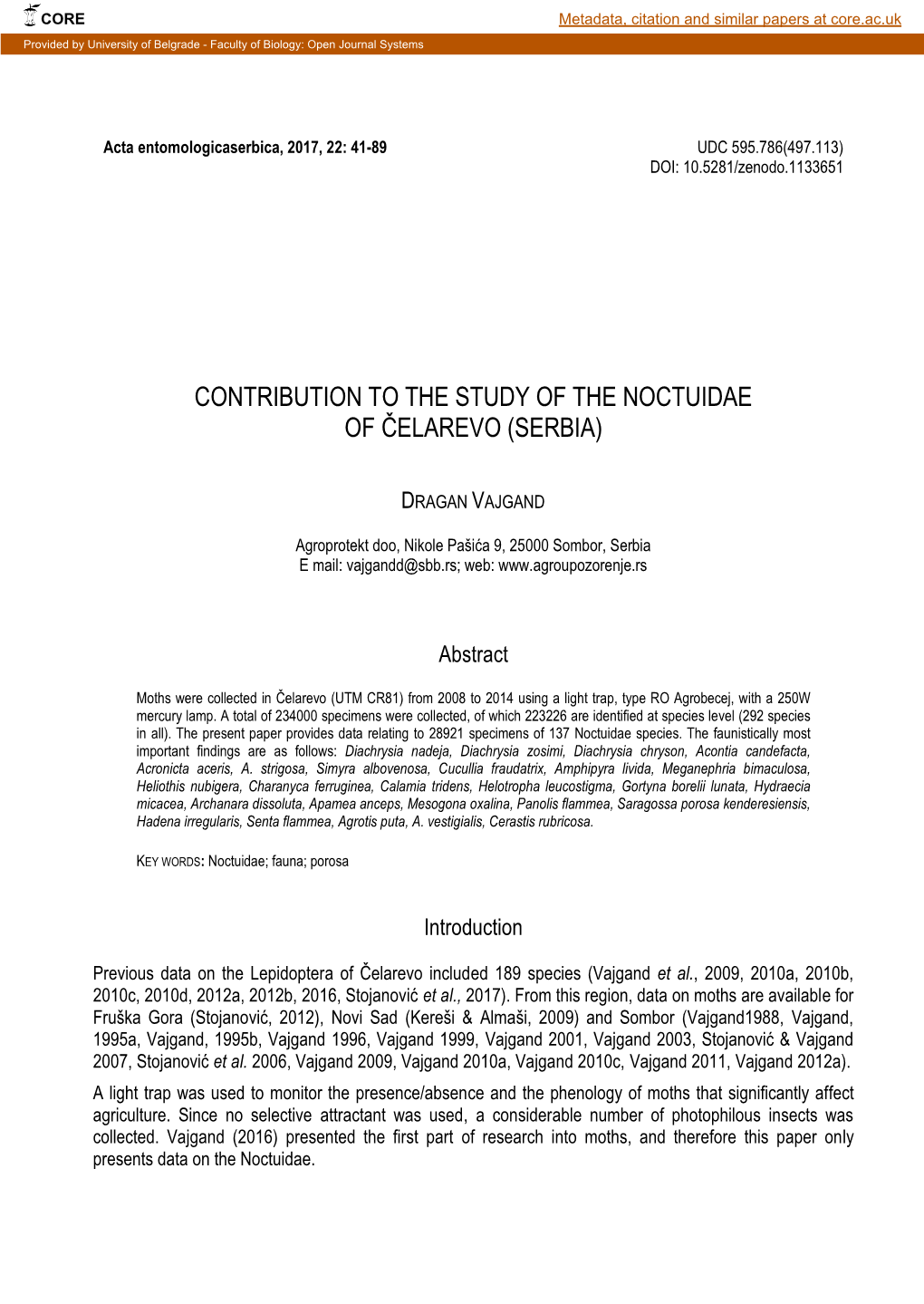 Contribution to the Study of the Noctuidae of Čelarevo (Serbia)