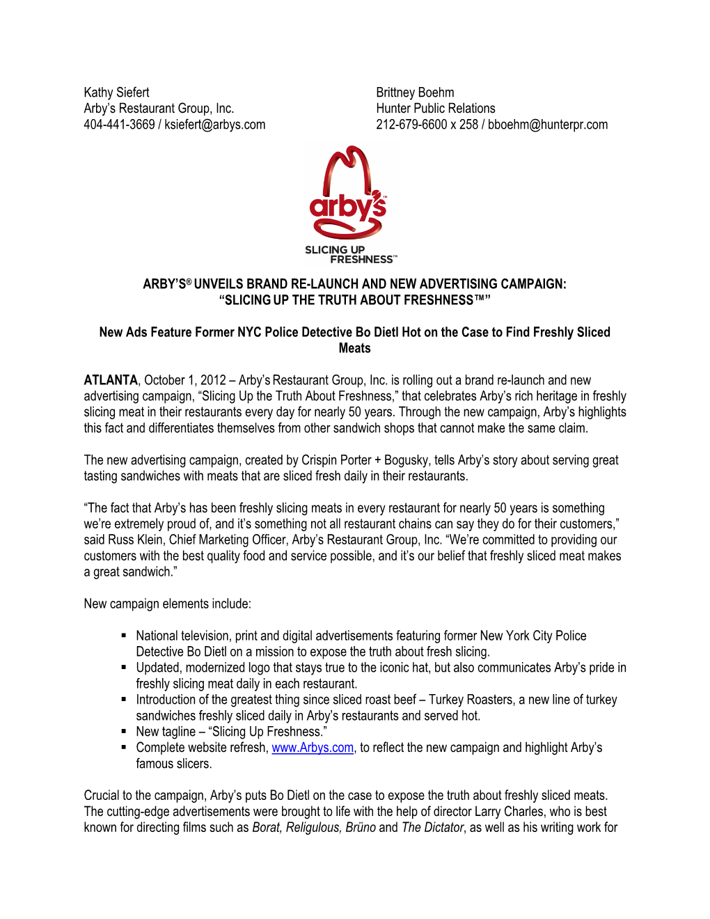 Arby's Brand Re-Launch Press Release FINAL