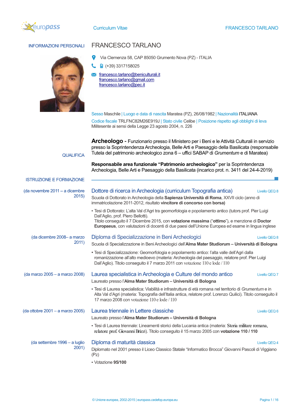 Curriculum Vitae FRANCESCO TARLANO