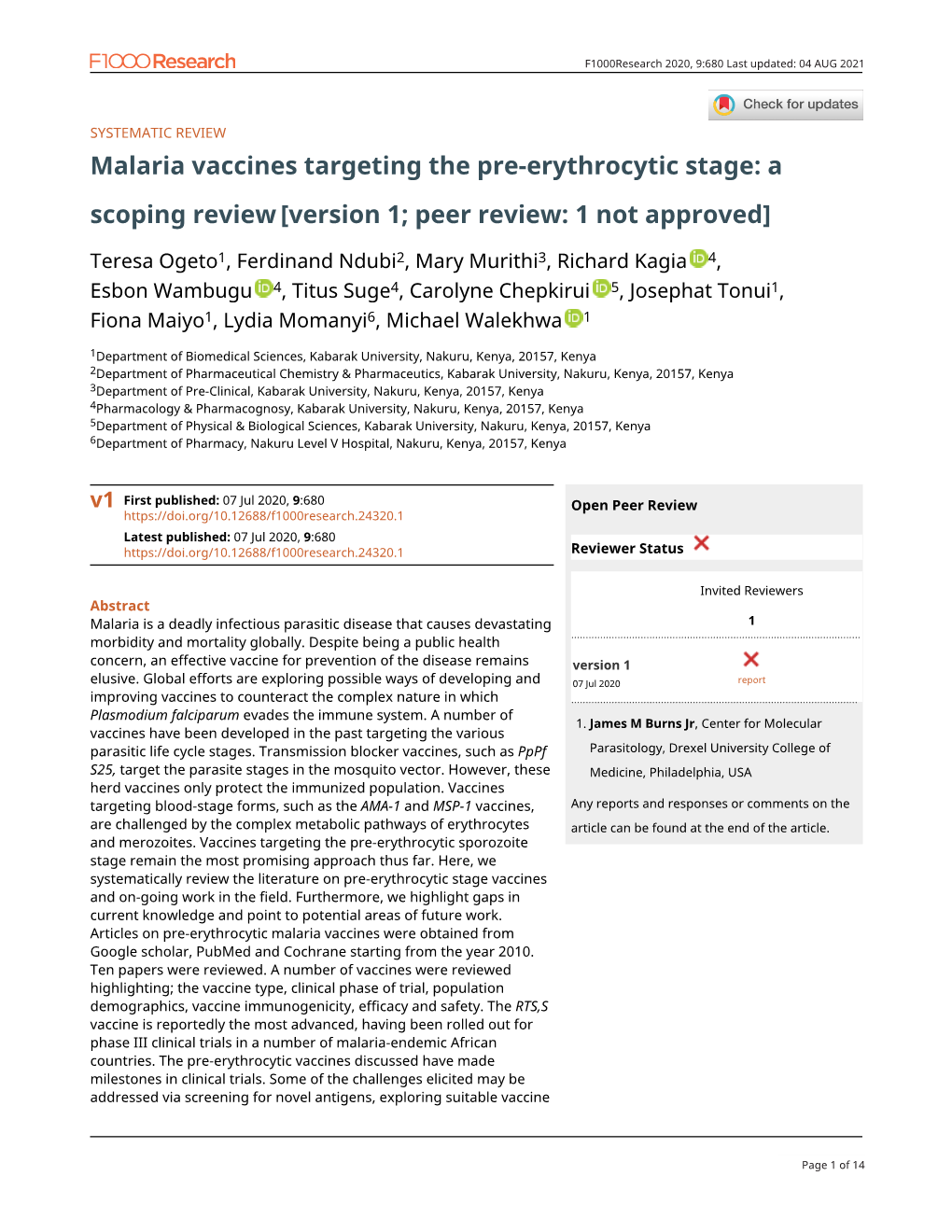 Malaria Vaccines Targeting the Pre-Erythrocytic Stage: a Scoping Review [Version 1; Peer Review: 1 Not Approved]