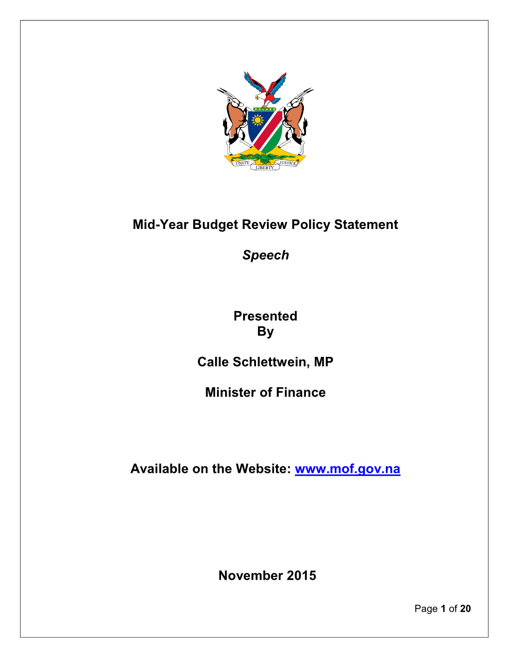 Namibia Mid-Year Budget Review Policy Statement