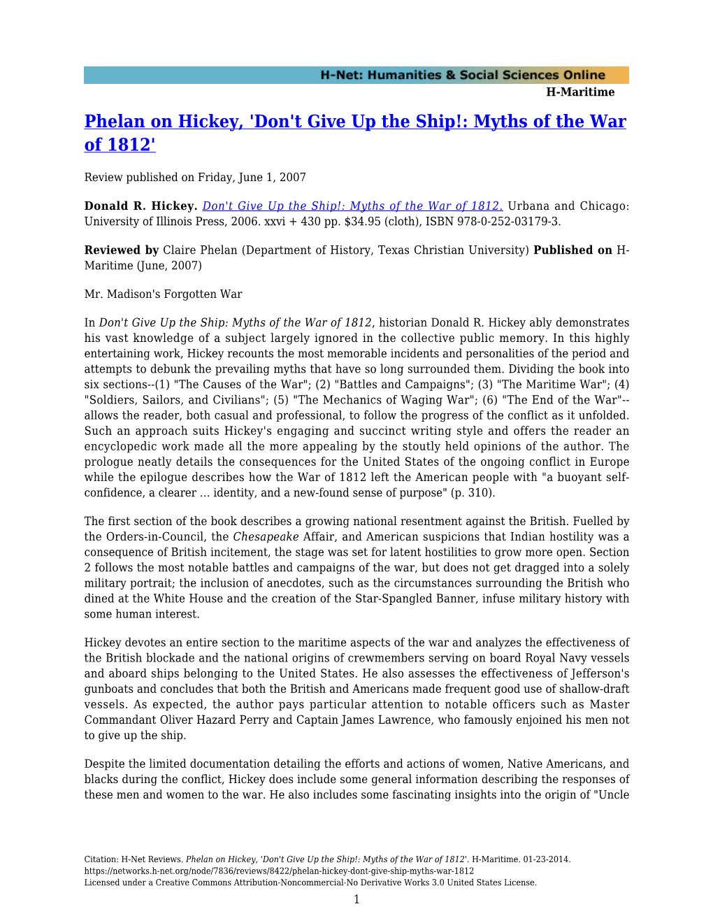 Phelan on Hickey, 'Don't Give up the Ship!: Myths of the War of 1812'