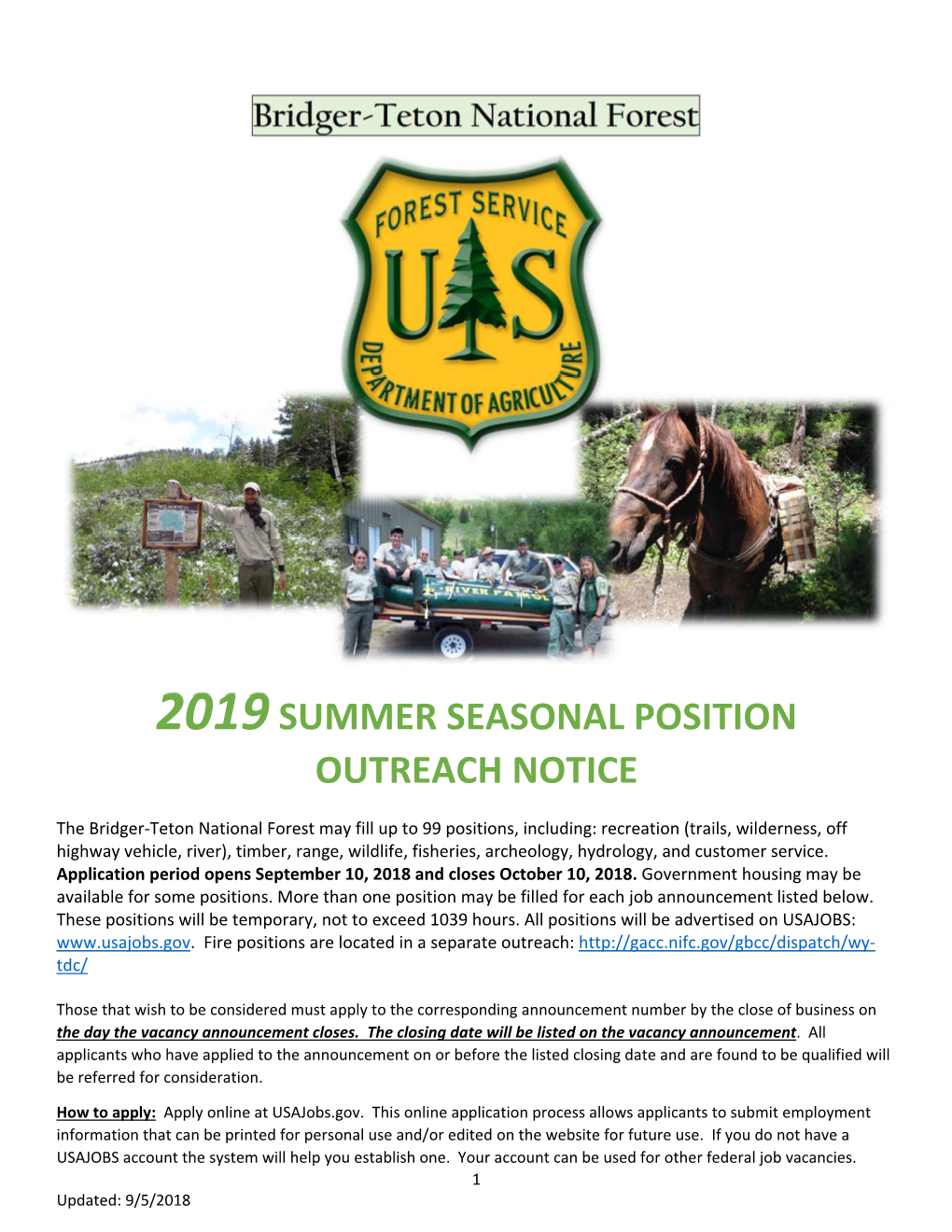 Bridger-Teton National Forest 2019 SUMMER SEASONAL POSITION