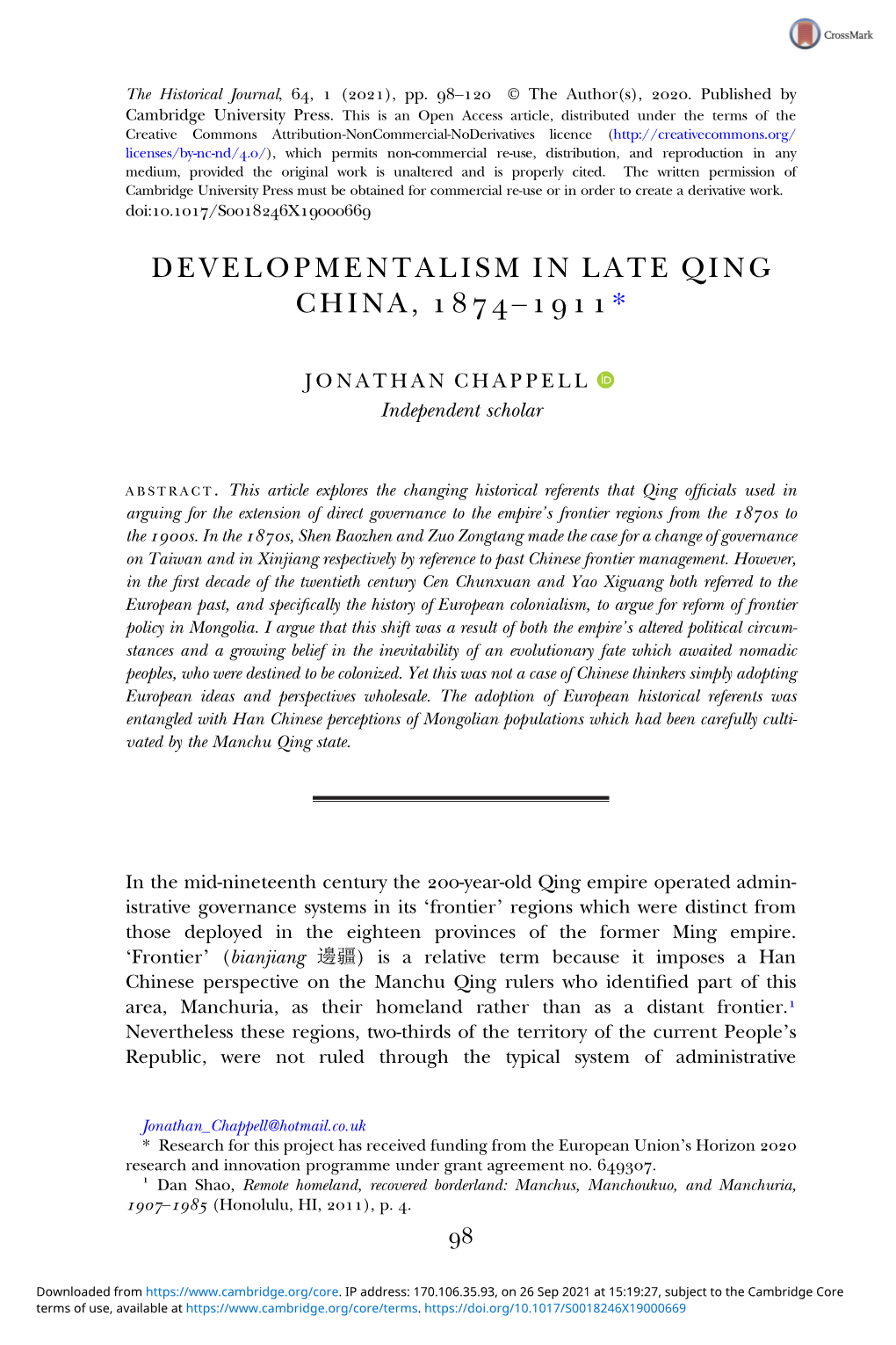 Developmentalism in Late Qing China, –