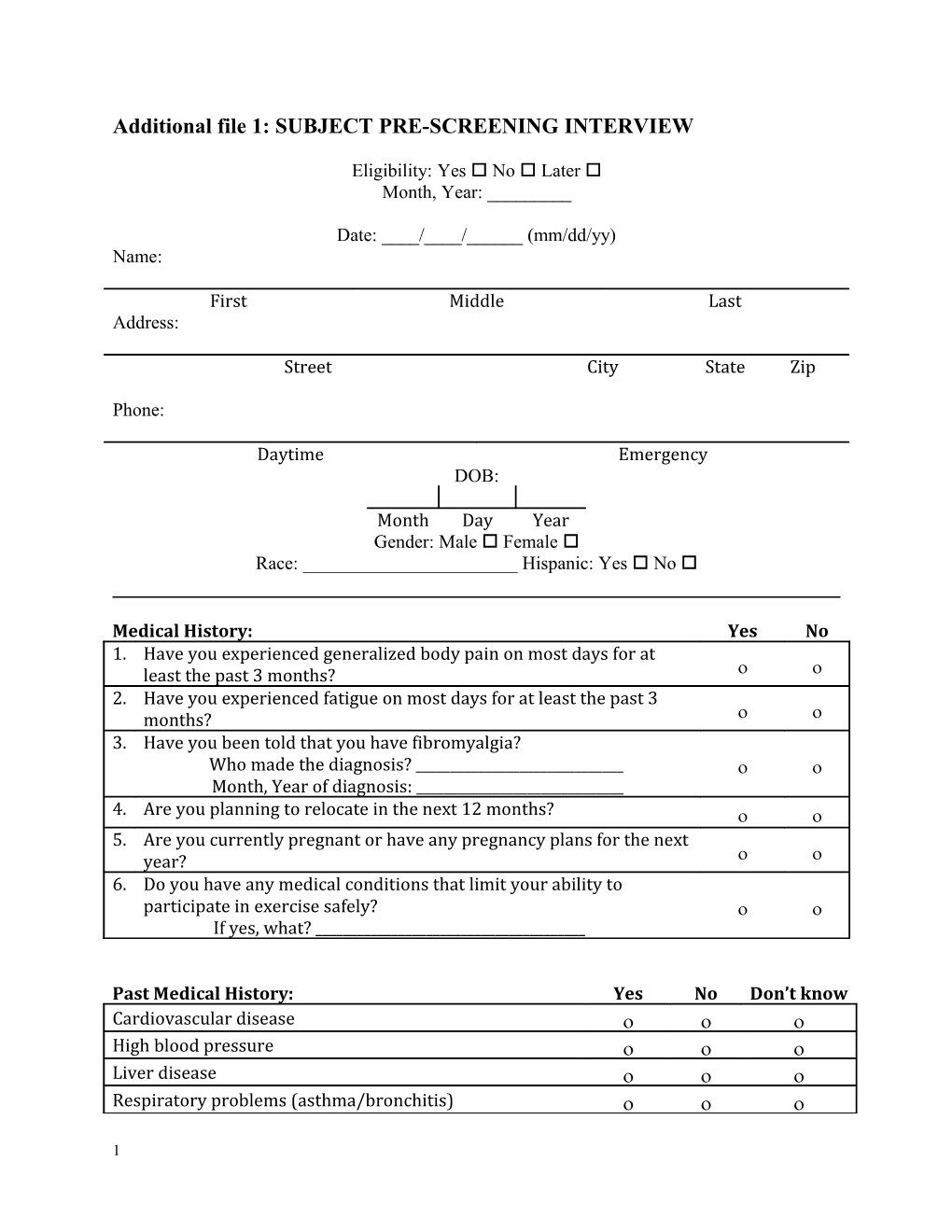 Additional File 1: SUBJECT PRE-SCREENING INTERVIEW