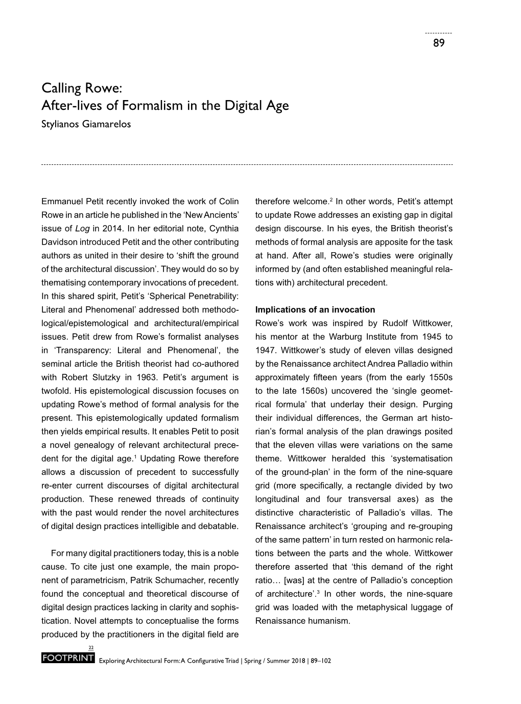 Calling Rowe: After-Lives of Formalism in the Digital Age Stylianos Giamarelos