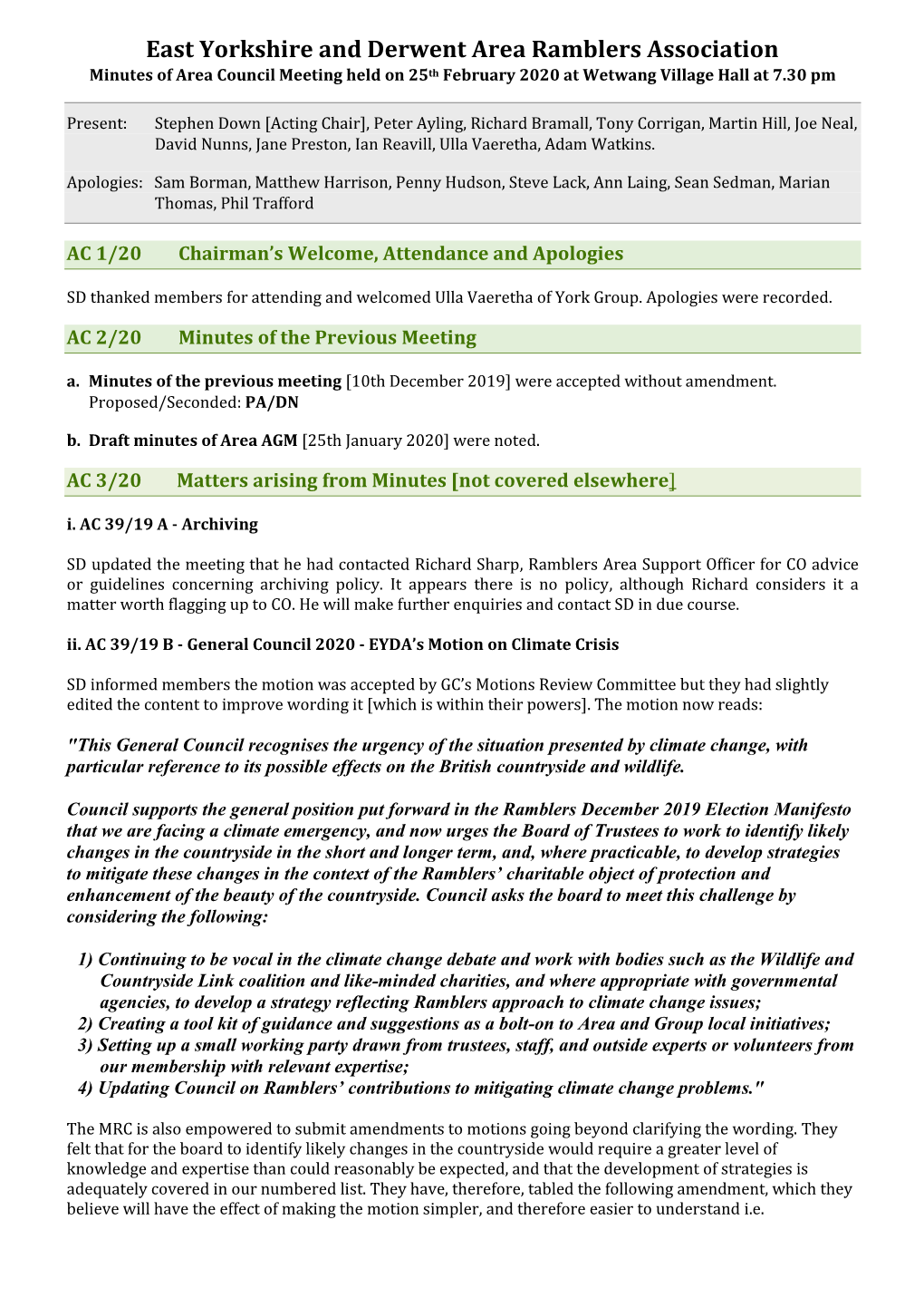East Yorkshire and Derwent Area Ramblers Association Minutes of Area Council Meeting Held on 25Th February 2020 at Wetwang Village Hall at 7.30 Pm