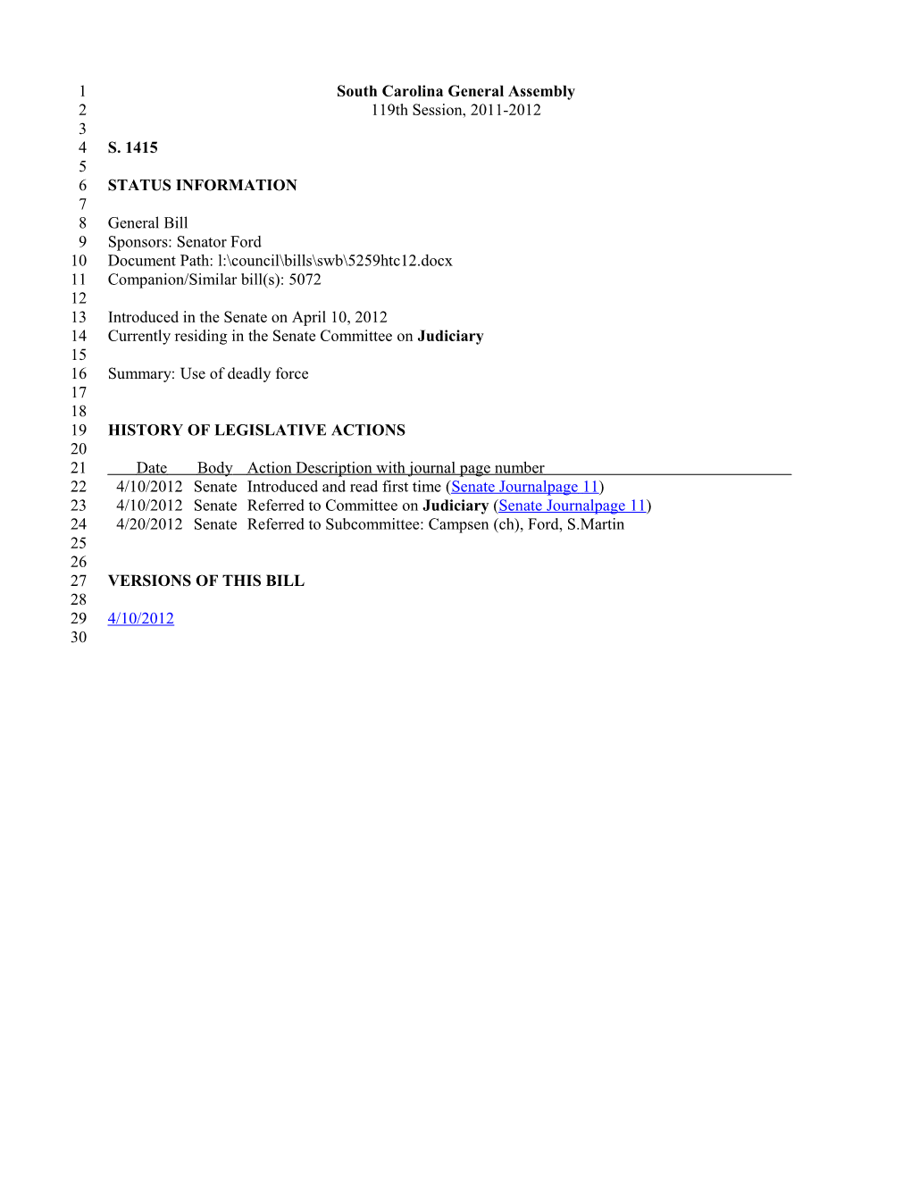 2011-2012 Bill 1415: Use of Deadly Force - South Carolina Legislature Online