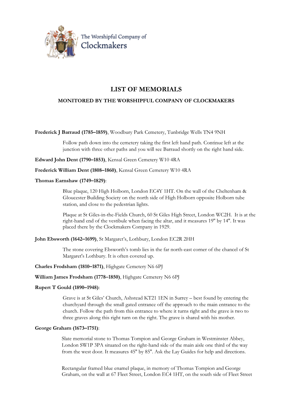 List of Memorials Monitored by the Worshipful Company of Clockmakers