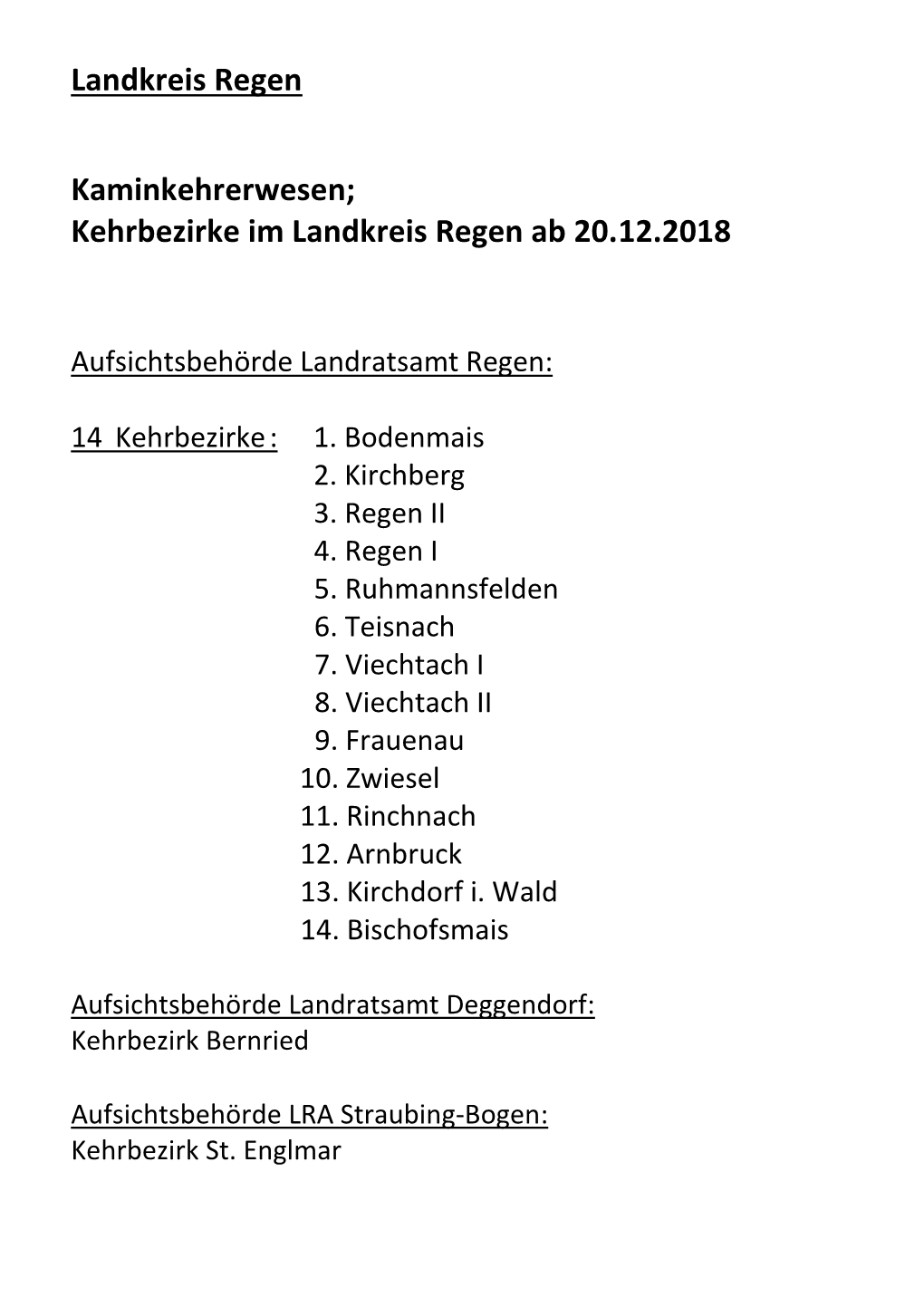 Kehrbezirke Im Landkreis Regen Ab 20.12.2018