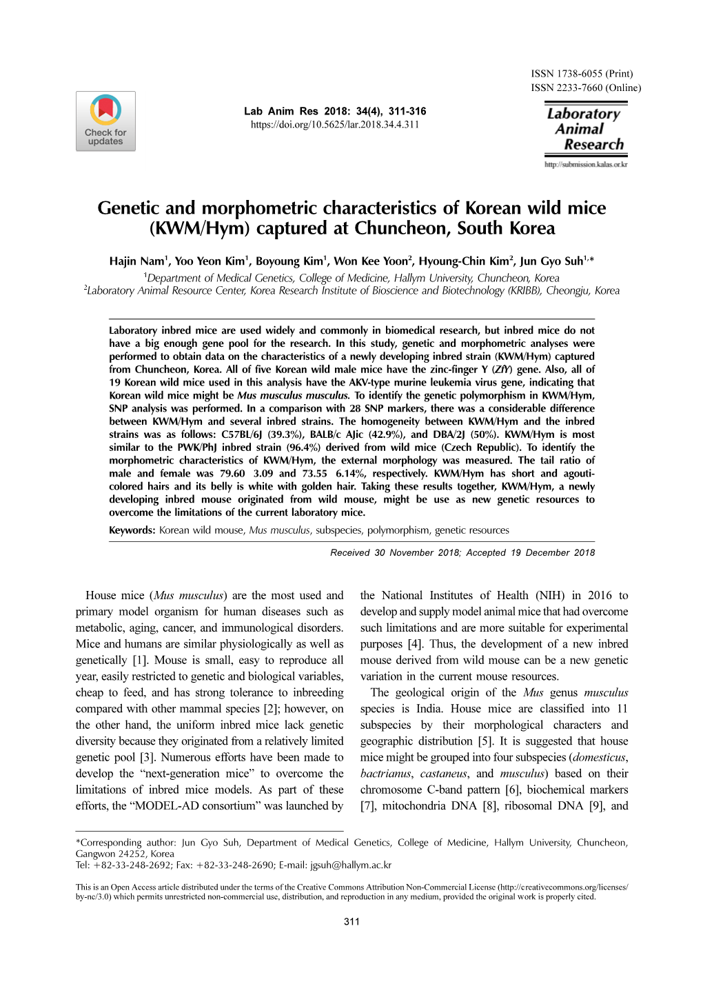 Genetic and Morphometric Characteristics of Korean Wild Mice (KWM/Hym) Captured at Chuncheon, South Korea