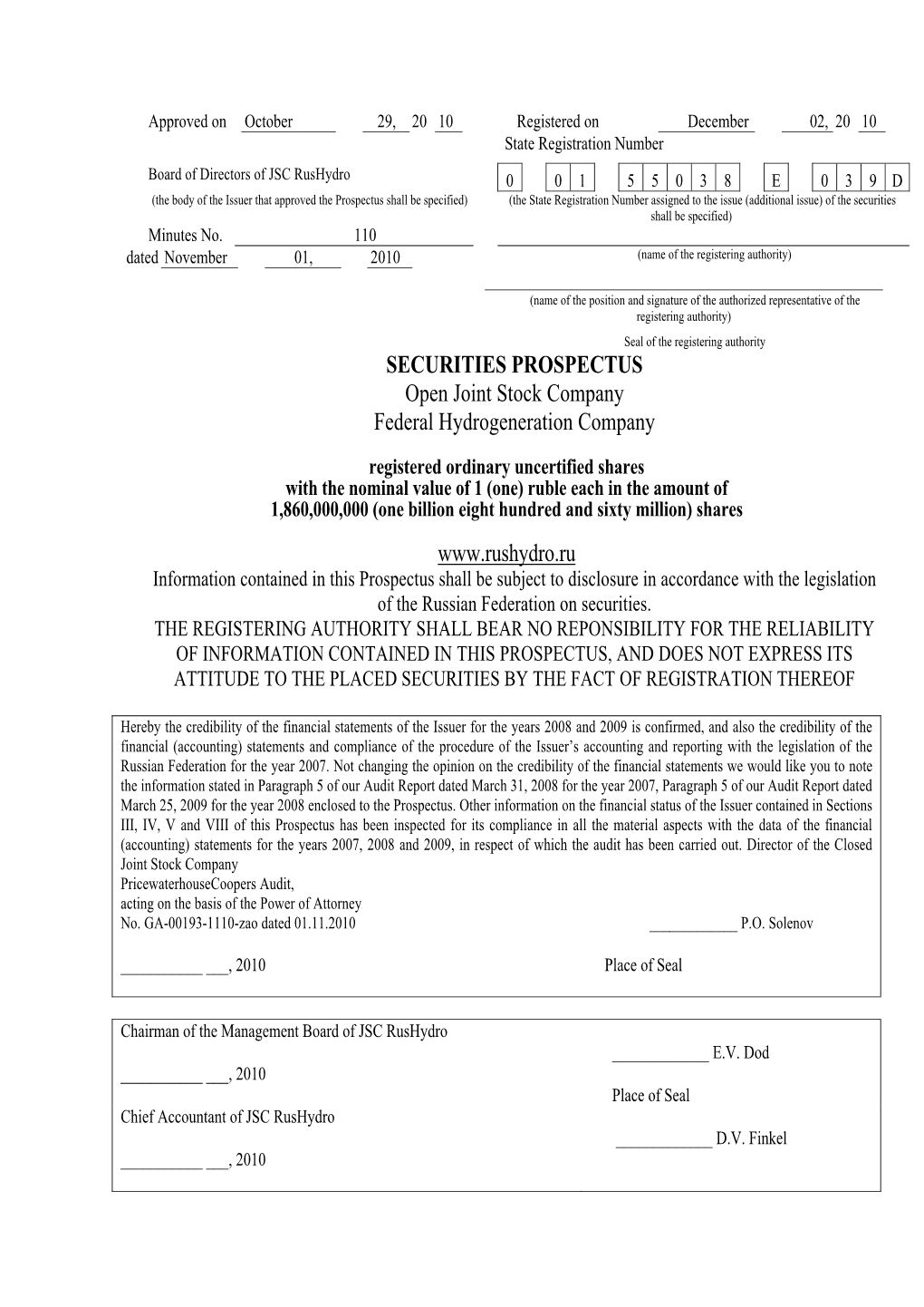 SECURITIES PROSPECTUS Open Joint Stock Company Federal Hydrogeneration Company