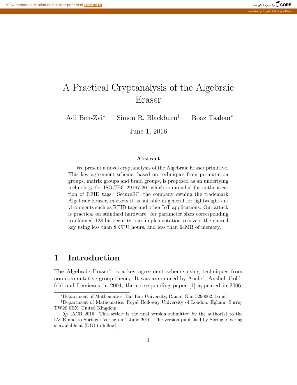 A Practical Cryptanalysis of the Algebraic Eraser