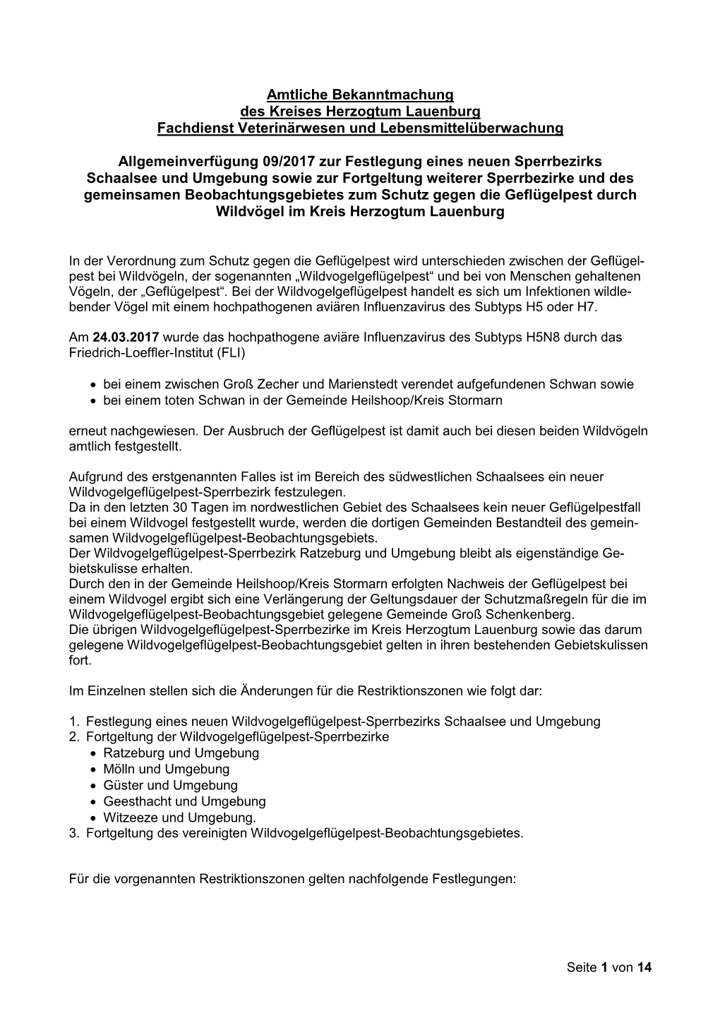 Amtliche Bekanntmachung Des Kreises Herzogtum Lauenburg Fachdienst Veterinärwesen Und Lebensmittelüberwachung