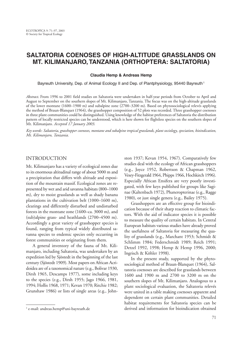 Saltatoria Coenoses of High-Altitude Grasslands on Mt