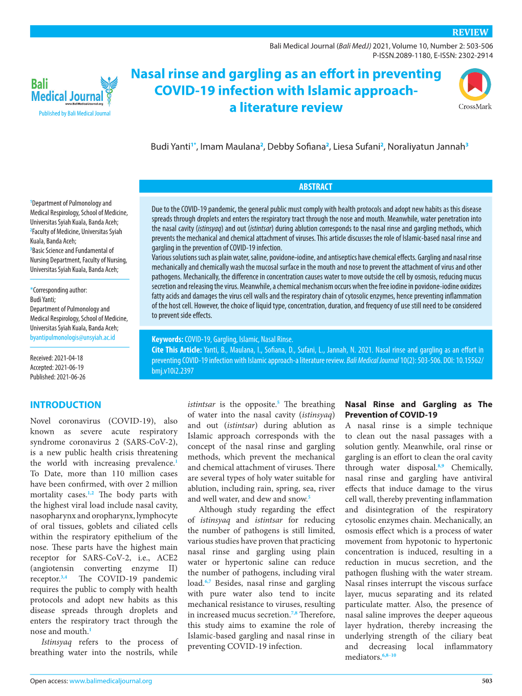 Nasal Rinse and Gargling As an Effort in Preventing COVID-19 Infection with Islamic Approach