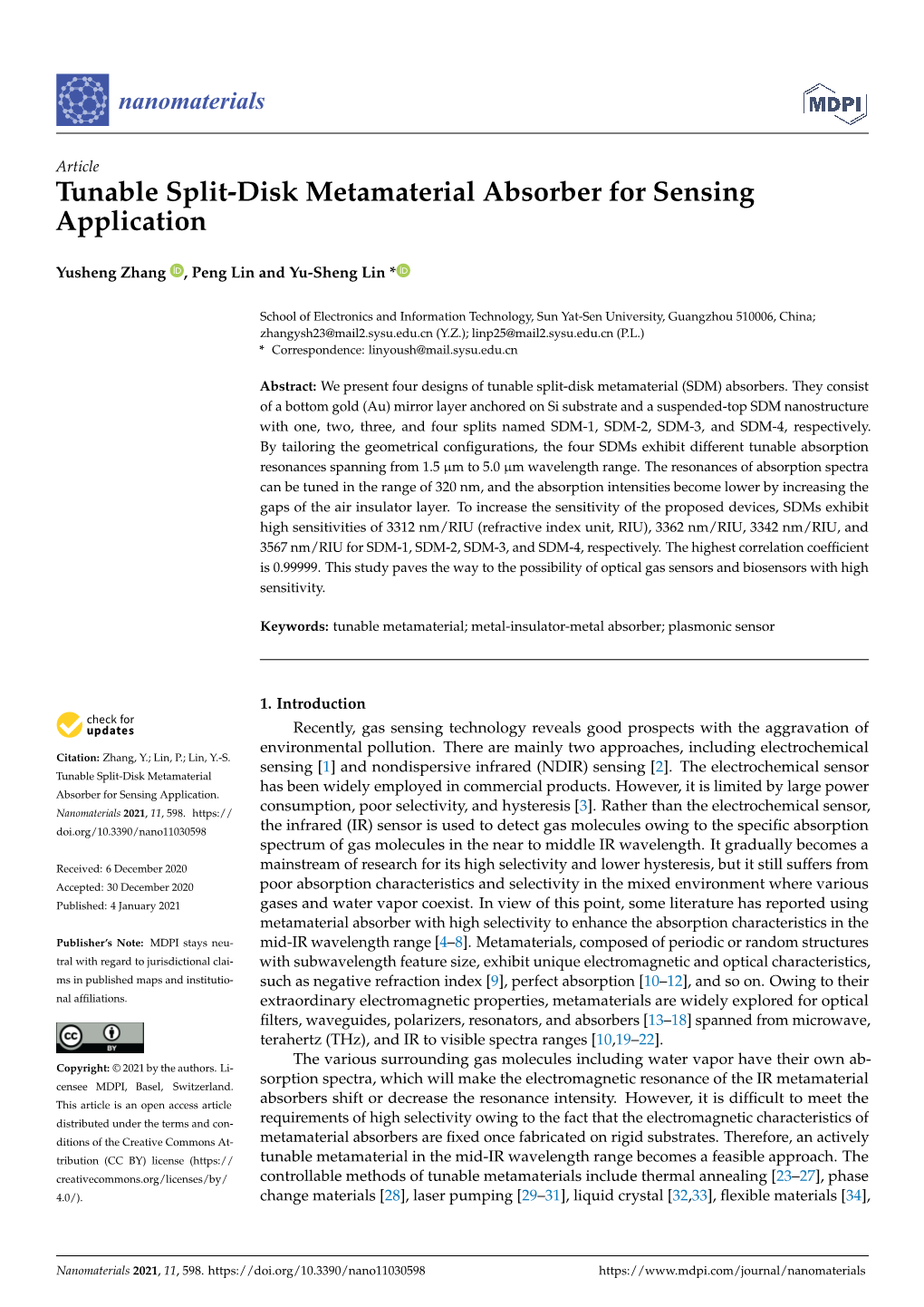 Tunable Split-Disk Metamaterial Absorber for Sensing Application