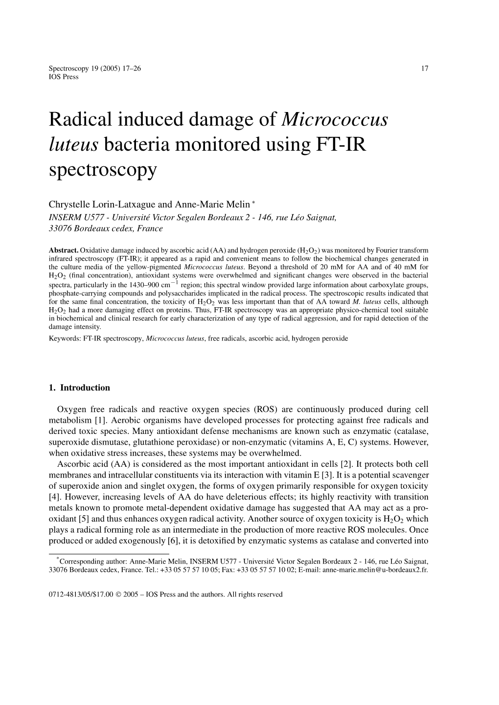 Radical Induced Damage of Micrococcus Luteus Bacteria Monitored Using FT-IR Spectroscopy