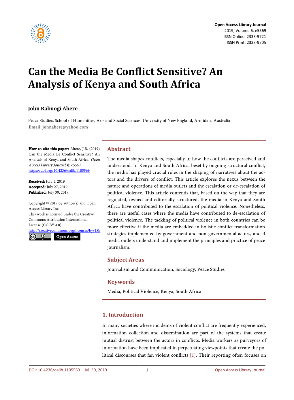 Can the Media Be Conflict Sensitive? an Analysis of Kenya and South Africa