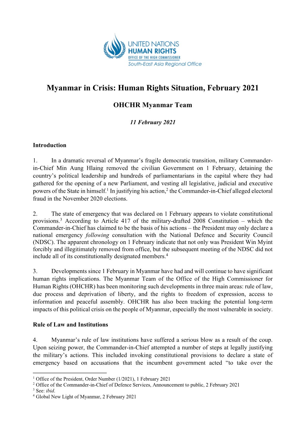 Myanmar in Crisis: Human Rights Situation, February 2021