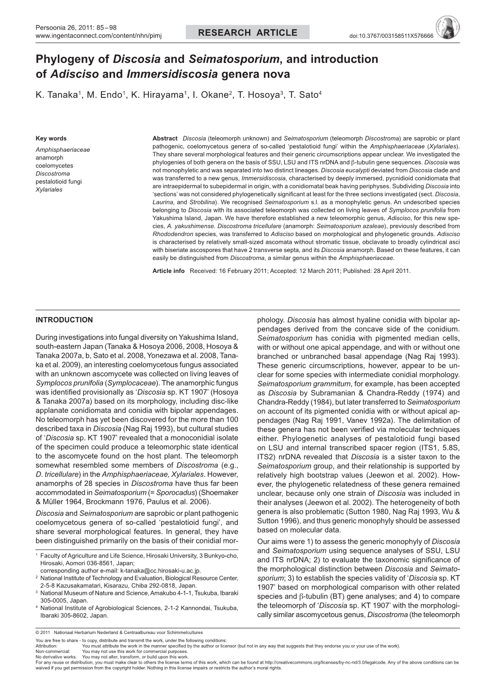 Phylogeny of Discosia and Seimatosporium, and Introduction of Adisciso and Immersidiscosia Genera Nova