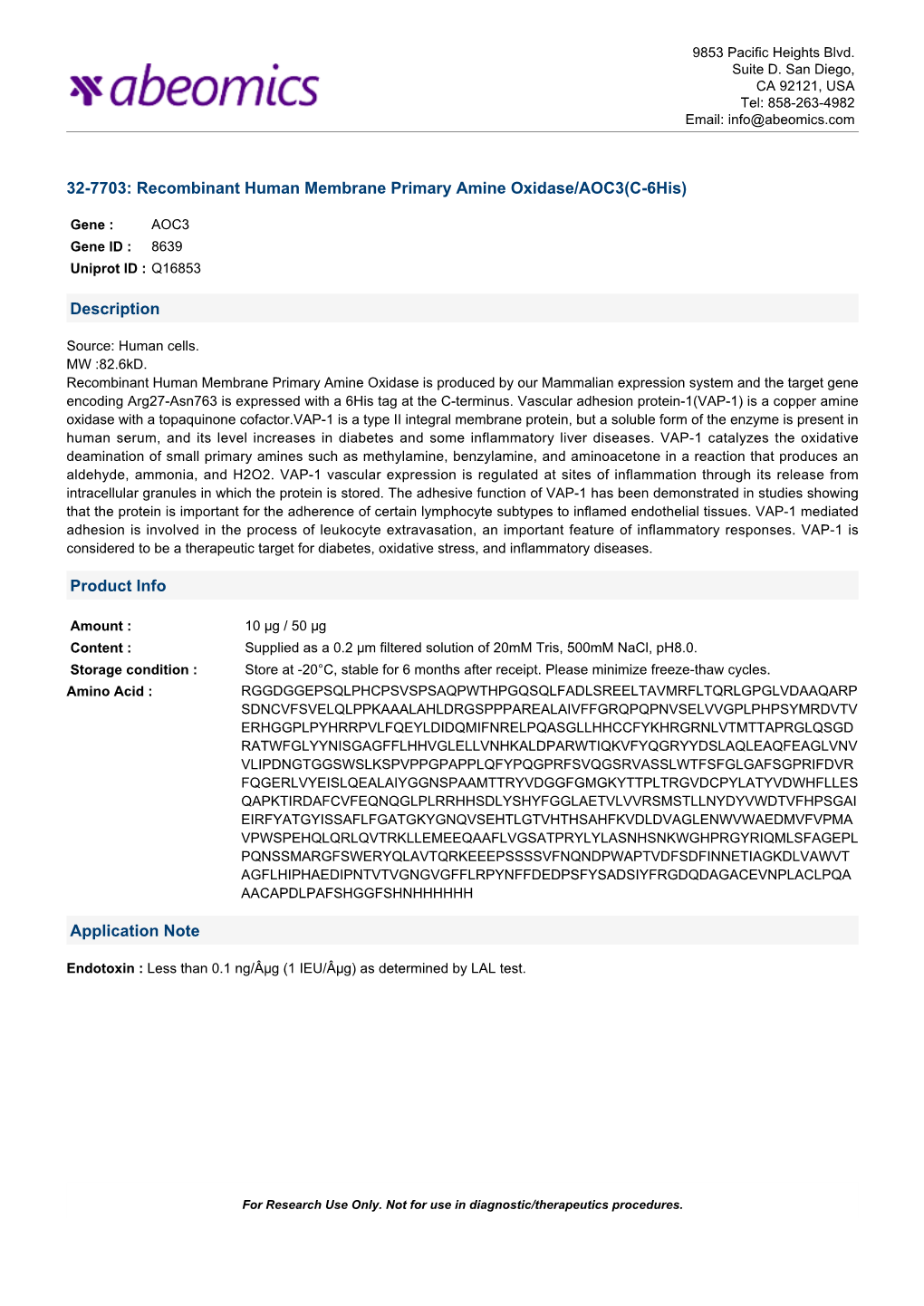 Recombinant Human Membrane Primary Amine Oxidase/AOC3(C-6His)