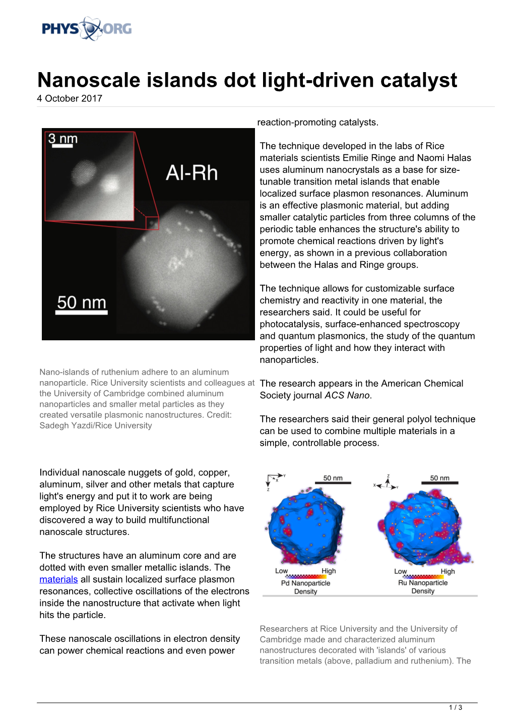 Nanoscale Islands Dot Light-Driven Catalyst 4 October 2017