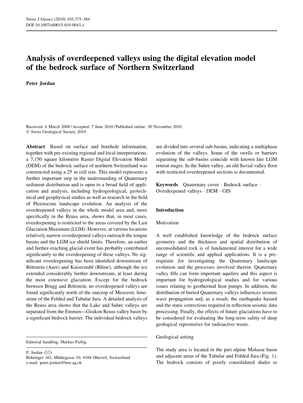 Analysis of Overdeepened Valleys Using the Digital Elevation Model of the Bedrock Surface of Northern Switzerland