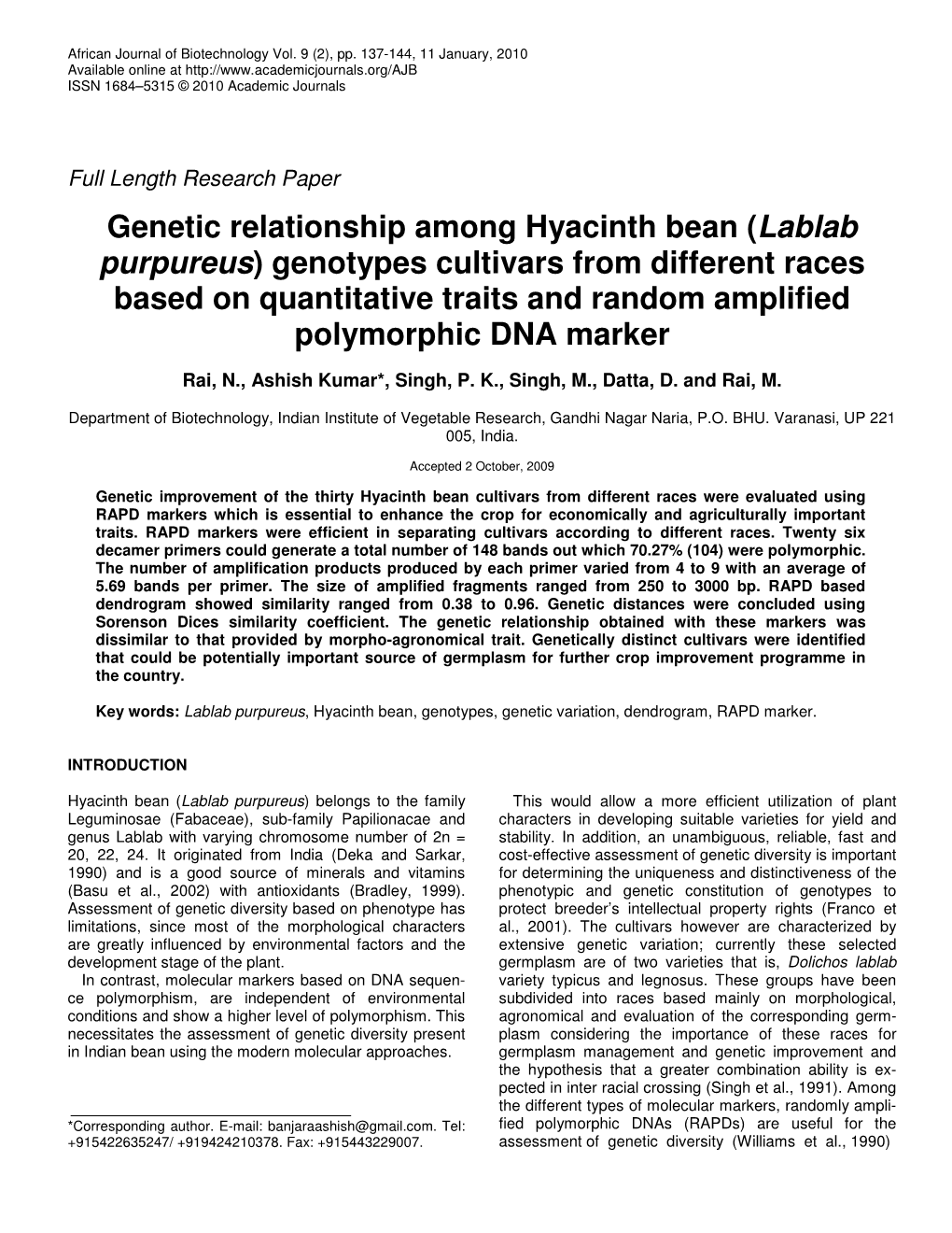 Lablab Purpureus) Genotypes Cultivars from Different Races Based on Quantitative Traits and Random Amplified Polymorphic DNA Marker