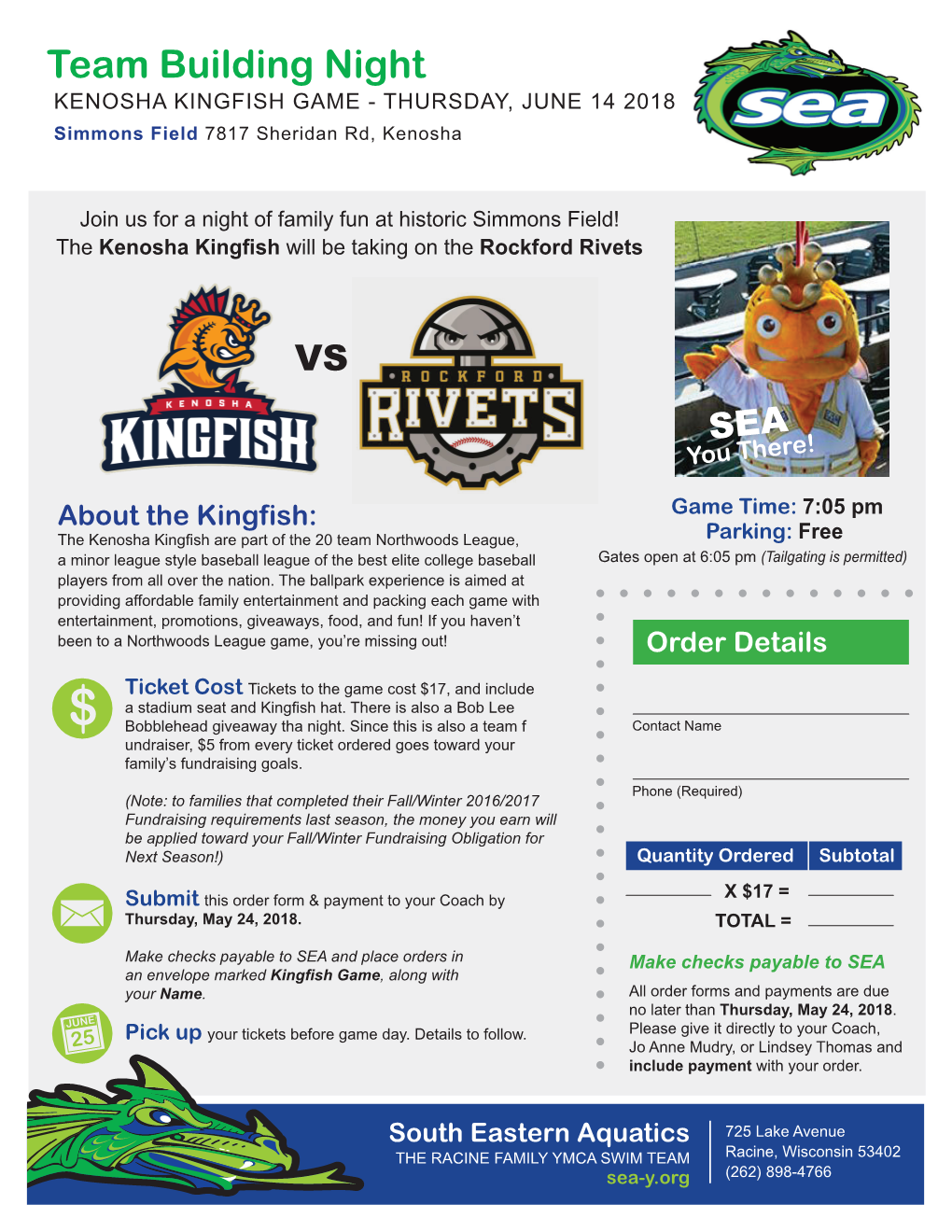 Team Building Night KENOSHA KINGFISH GAME - THURSDAY, JUNE 14 2018 Simmons Field 7817 Sheridan Rd, Kenosha