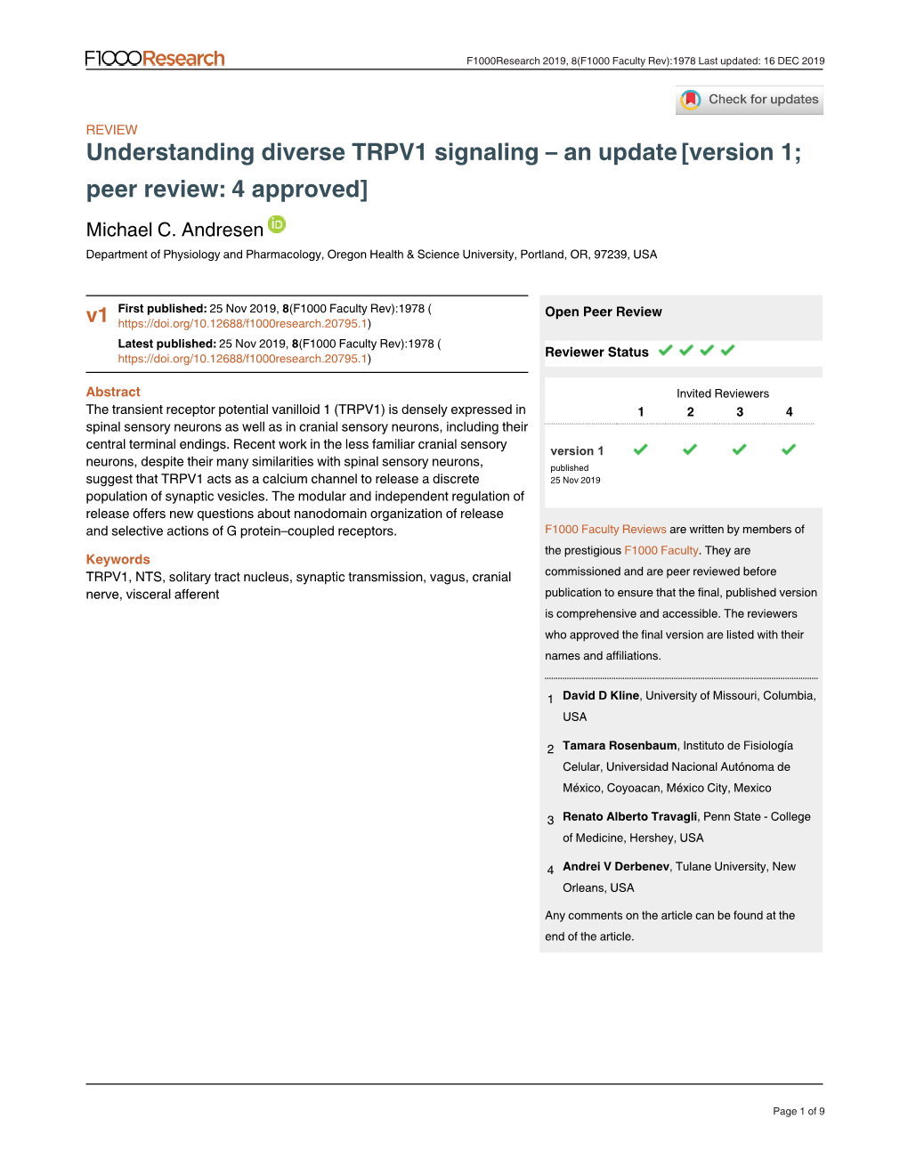 Understanding Diverse TRPV1 Signaling – an Update [Version 1; Peer Review: 4 Approved] Michael C