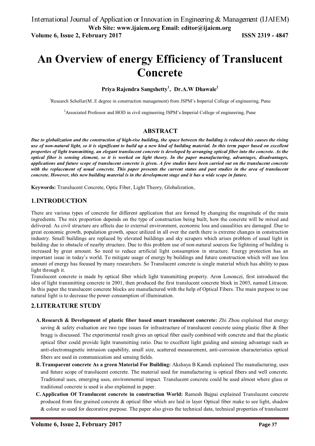 An Overview of Energy Efficiency of Translucent Concrete