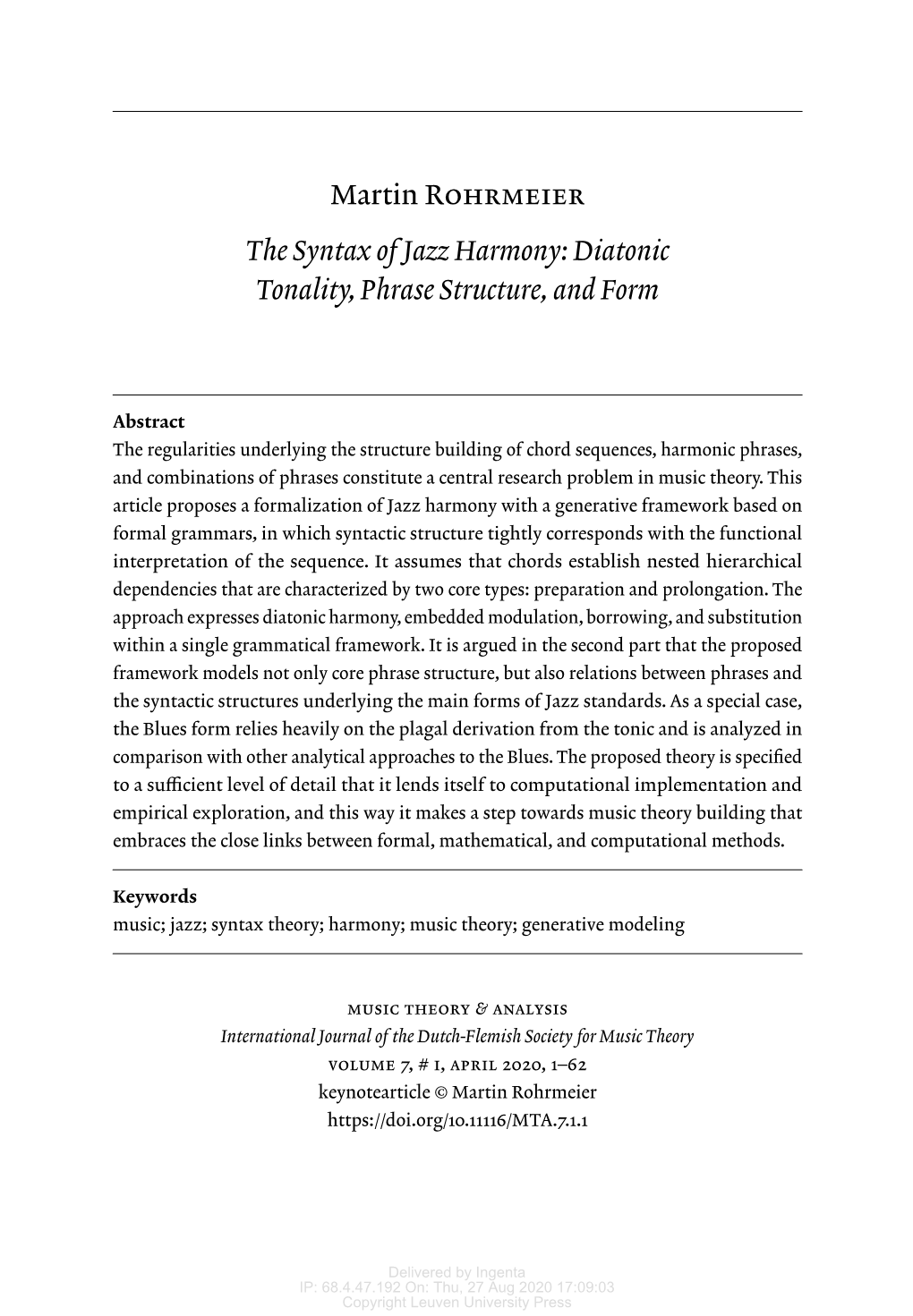 The Syntax of Jazz Harmony: Diatonic Tonality, Phrase Structure, and Form