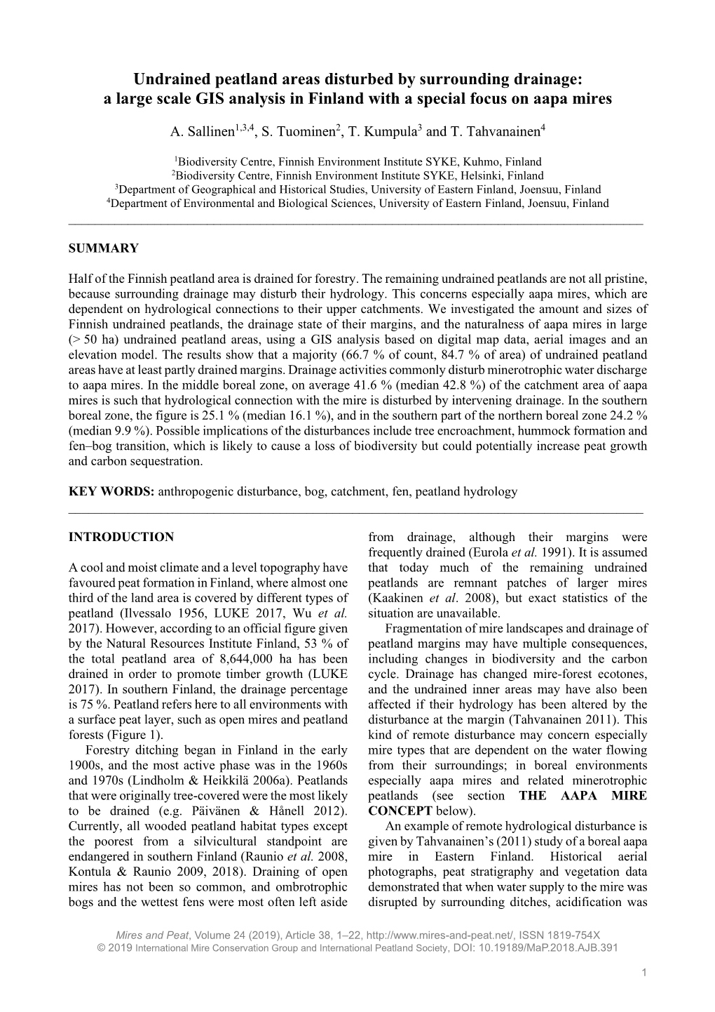 Undrained Peatland Areas Disturbed by Surrounding Drainage: a Large Scale GIS Analysis in Finland with a Special Focus on Aapa Mires