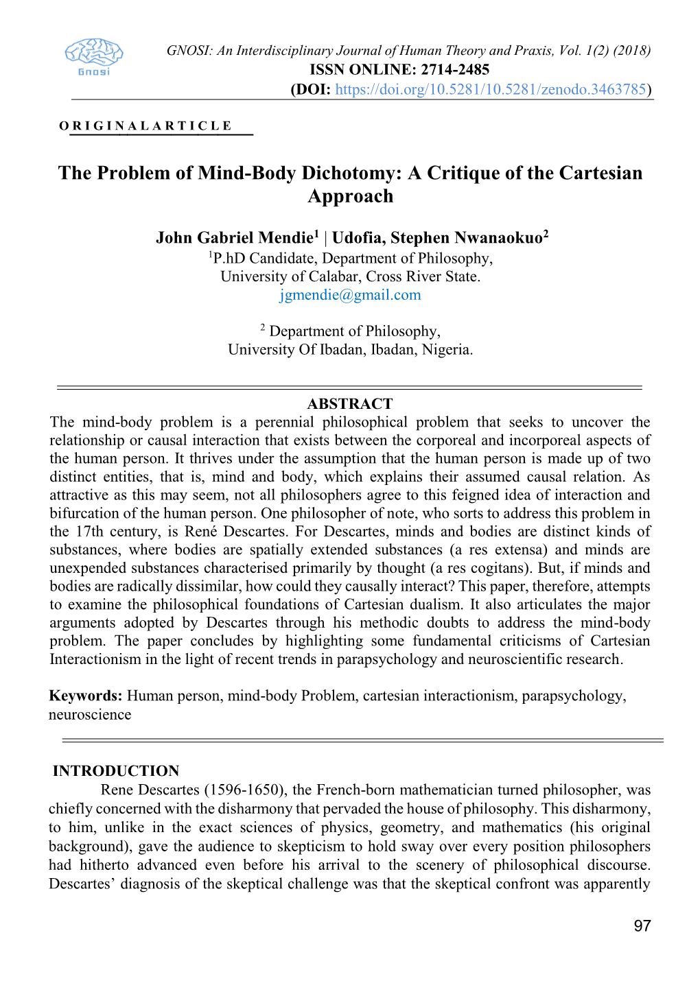 The Problem of Mind-Body Dichotomy: a Critique of the Cartesian Approach